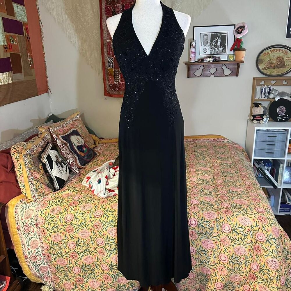 Xscape Y2K Embellished Black Maxi Halter Formal Gown